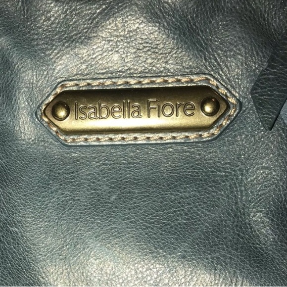 ISABELLA FIORE Vtg Large Blue Metallic Shimmer Stud Leather Hobo Handbag Satchel - Picture 7 of 16